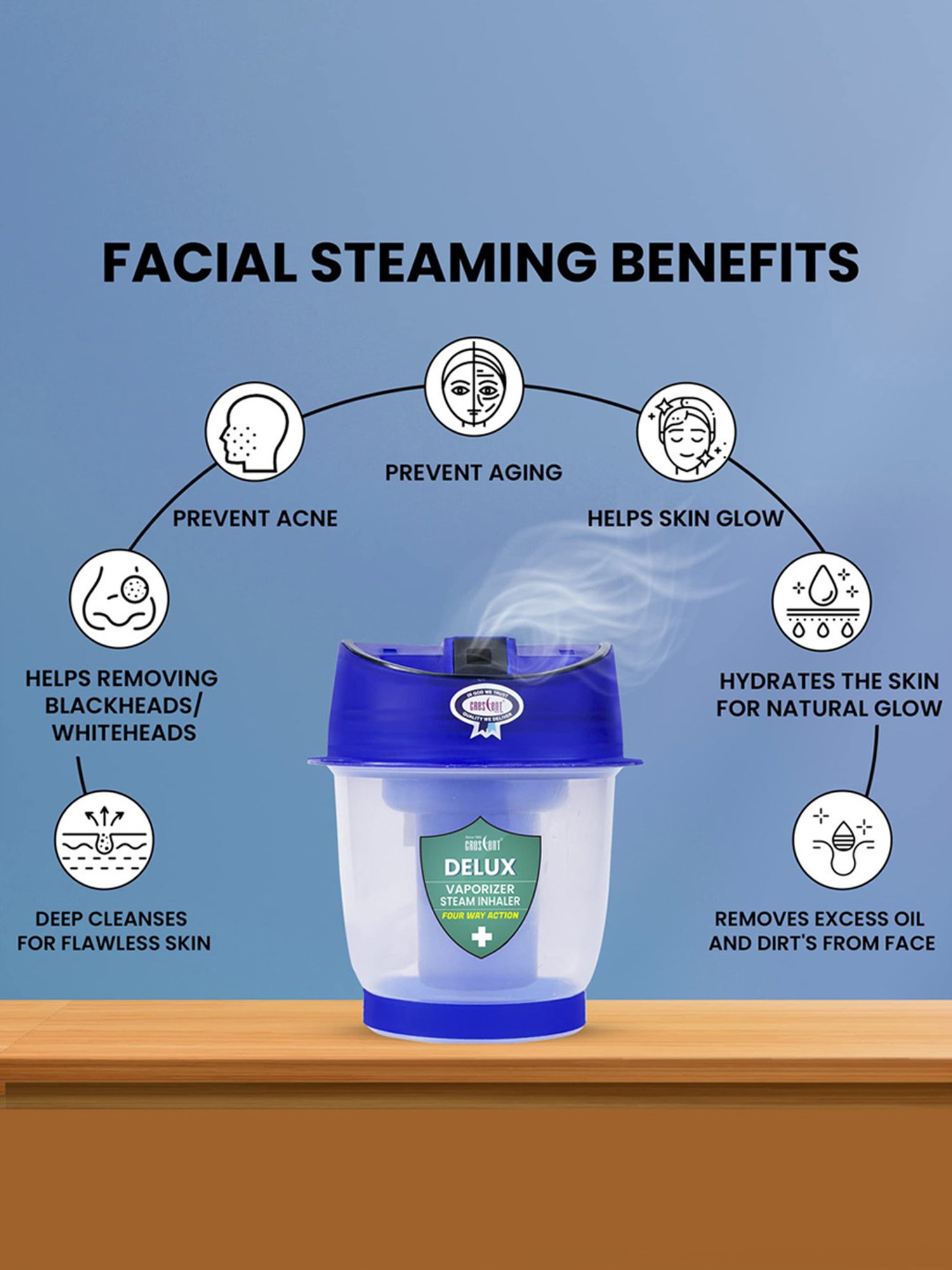 Crescent Delux Facial Steamer Vaporizer for Cold & Cough, Separate Water Storage Container (Blue)