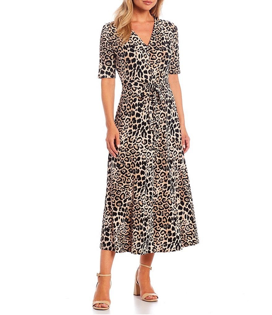 Preston & York Sydney Leopard Print Knit V-Neck Short Sleeve Midi Dress