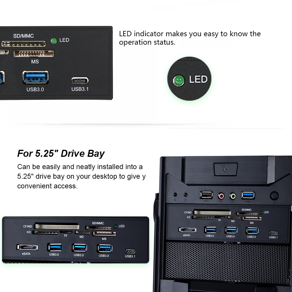 Sunshine-tipway STW 5.25" Internal Card Reader Media Multi-Function Dashboard PC Front Panel Type-C USB 3.1 USB 3.0 Support CF MD XD MMC TF M2 MS