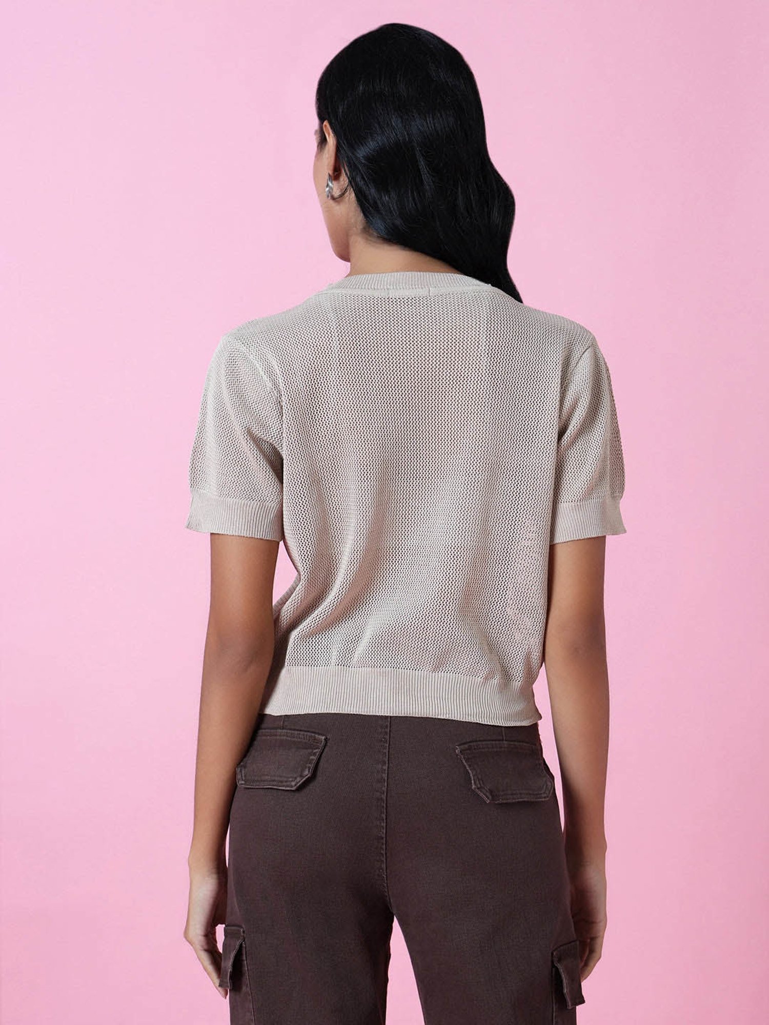 SHOWOFF Beige Self Design Top