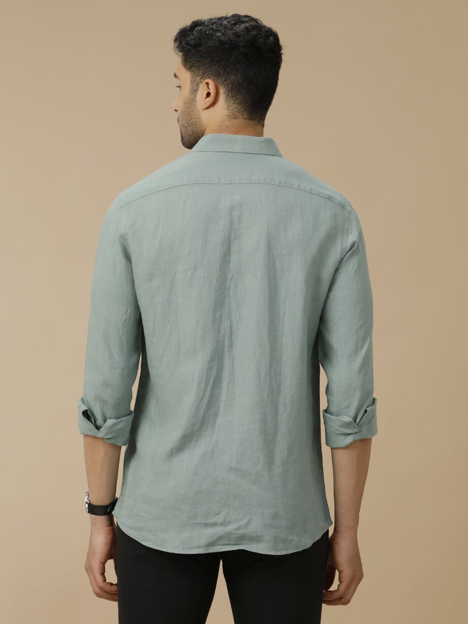Linen Club Green Linen Contemporary Fit Shirt