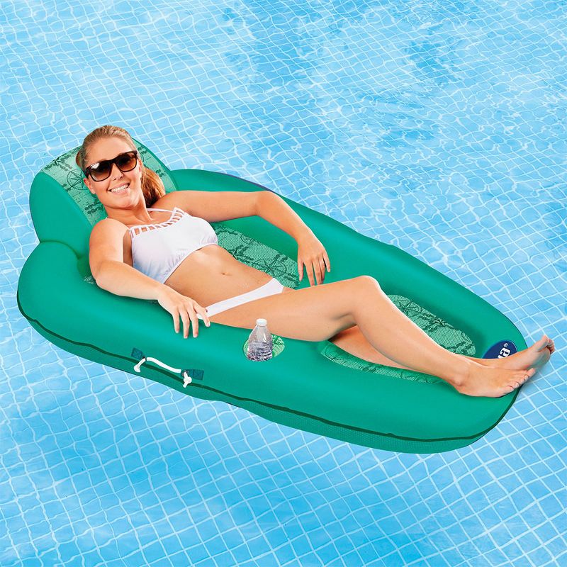 Aqua Leisure Luxurious Water Lounger Recliner and Inflatable Pool Float with Polyknit Fabric in Compass Rose Print for Beach, Lake, or River (Teal)