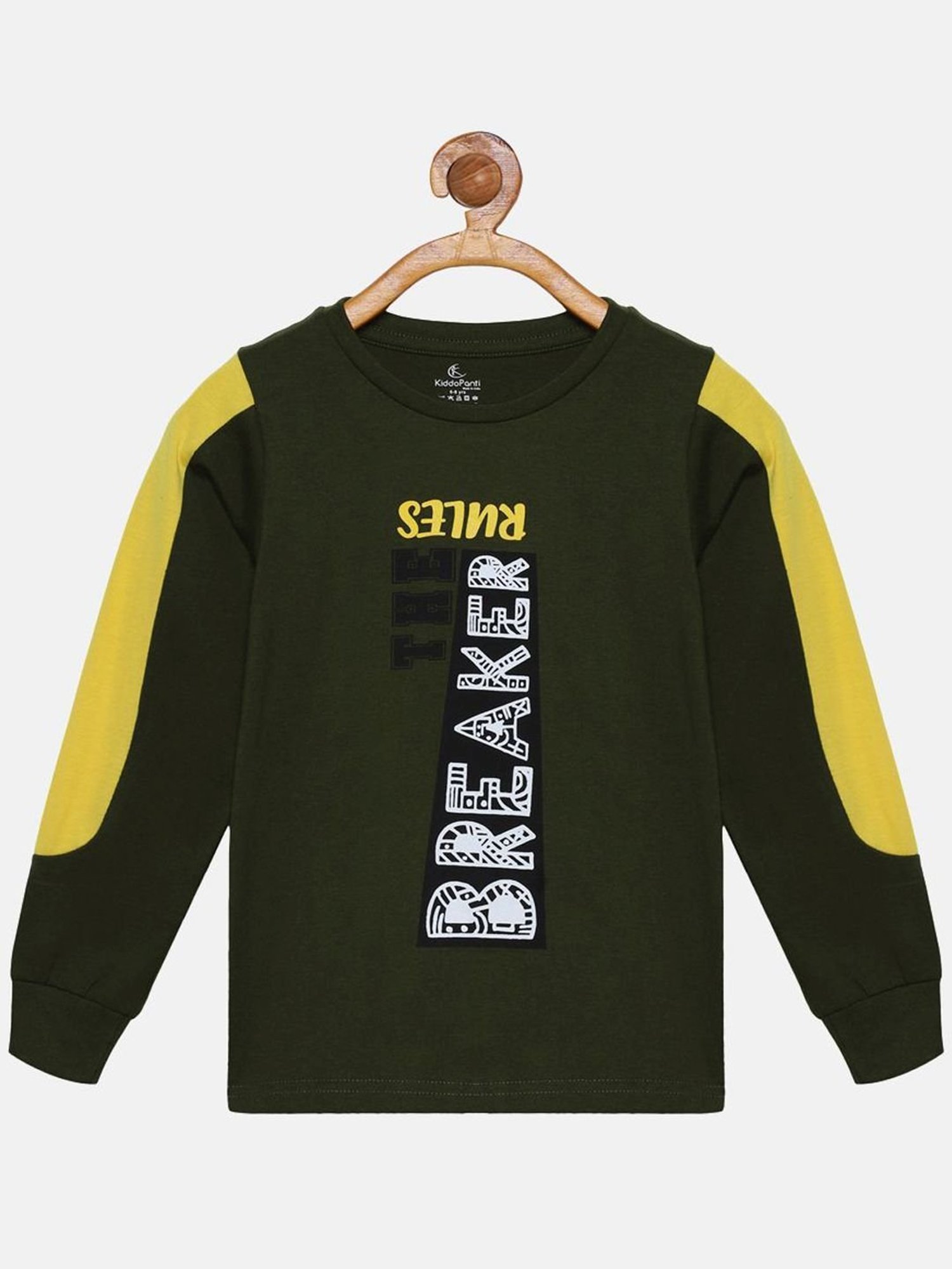 Kiddopanti Kids Green & Yellow Cotton Printed Full Sleeves T-Shirt