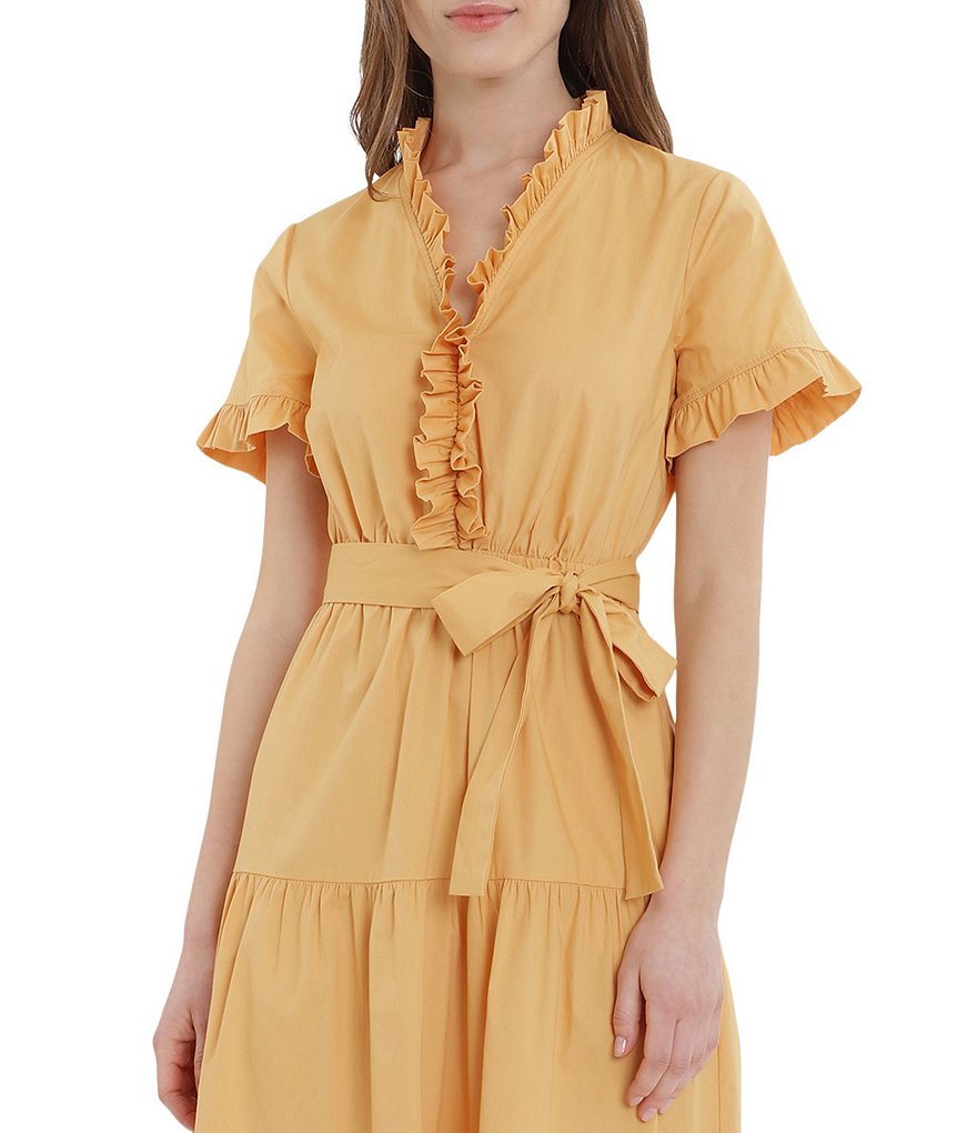 Donna Morgan Ruffle Tiered Cotton Poplin Short Sleeve Maxi Dress