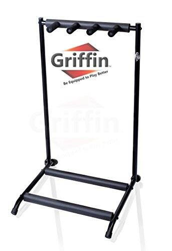 Three Guitar Rack Stand by GRIFFIN | Floor Storage Holder for Multiple Guitars | Neck Mount Support For Electric, Acoustic Bass, Accessories | Recording Studios, Schools, Stage Performers, Wall Hanger