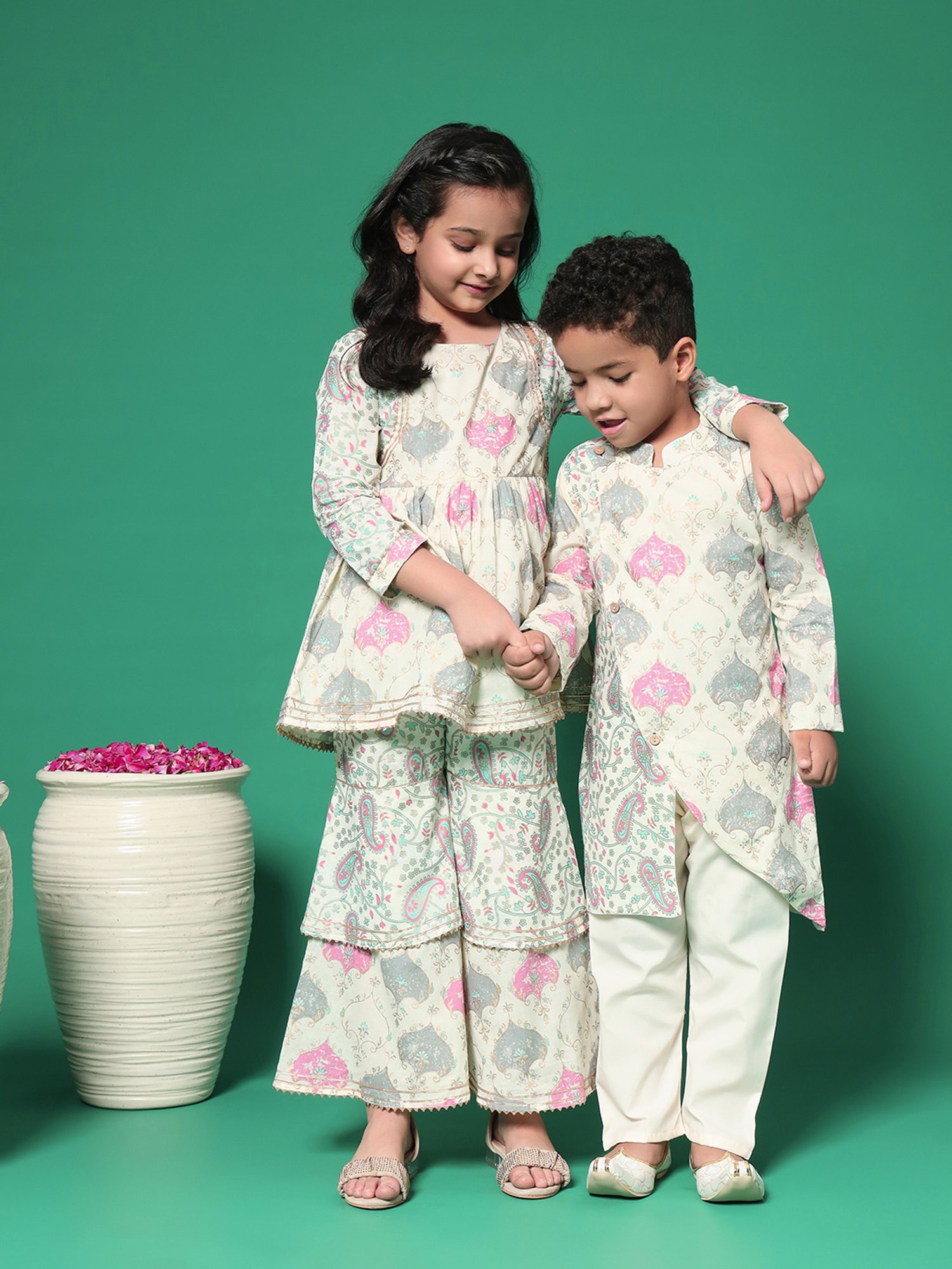 READIPRINT FASHIONS Kids Cream & Grey Printed Kurti with Gharara