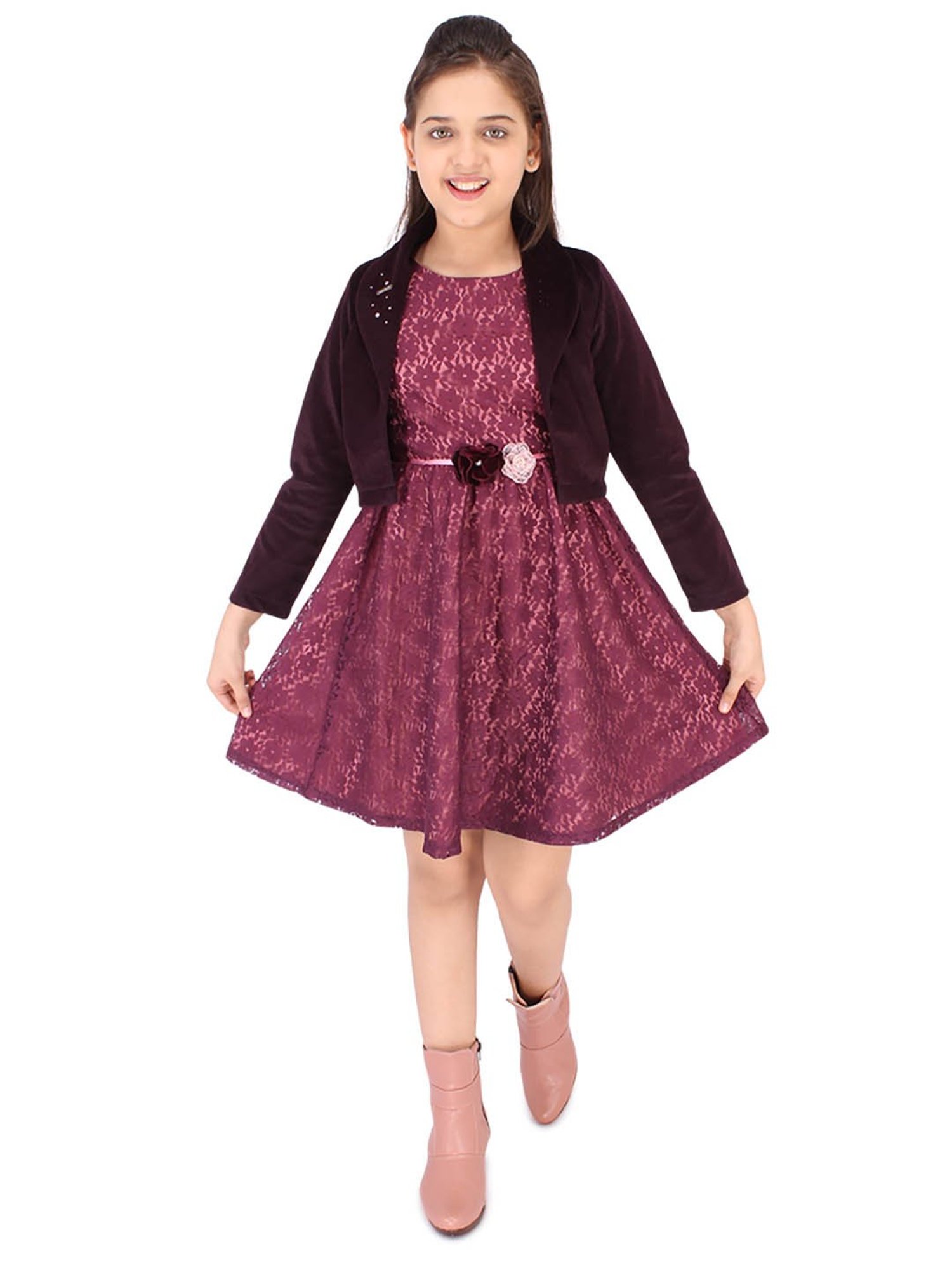 Cutecumber Kids Plum Printed Dress with Shrug