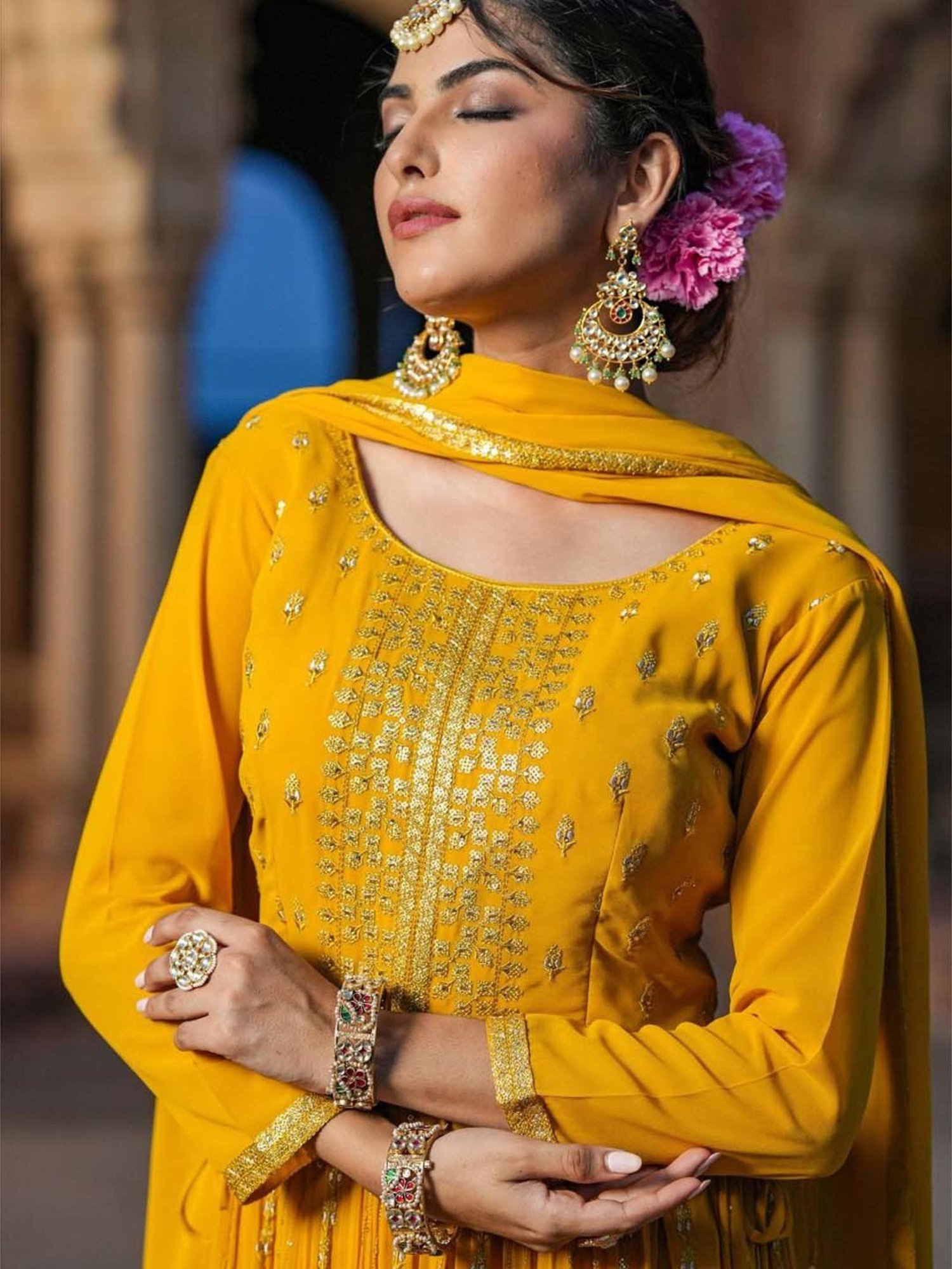 SCAKHI Yellow Embroidered Kurta Palazzo Set With Dupatta