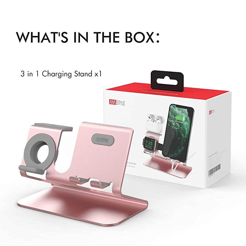 3 in 1 Charging Station Holder for Apple Watch, Aluminum Desktop Holder for Cell Phone, AirPods Pro/AirPods 2/ AirPods and Apple Watch Series SE/6/5/4/3/2/1(Rose Gold)