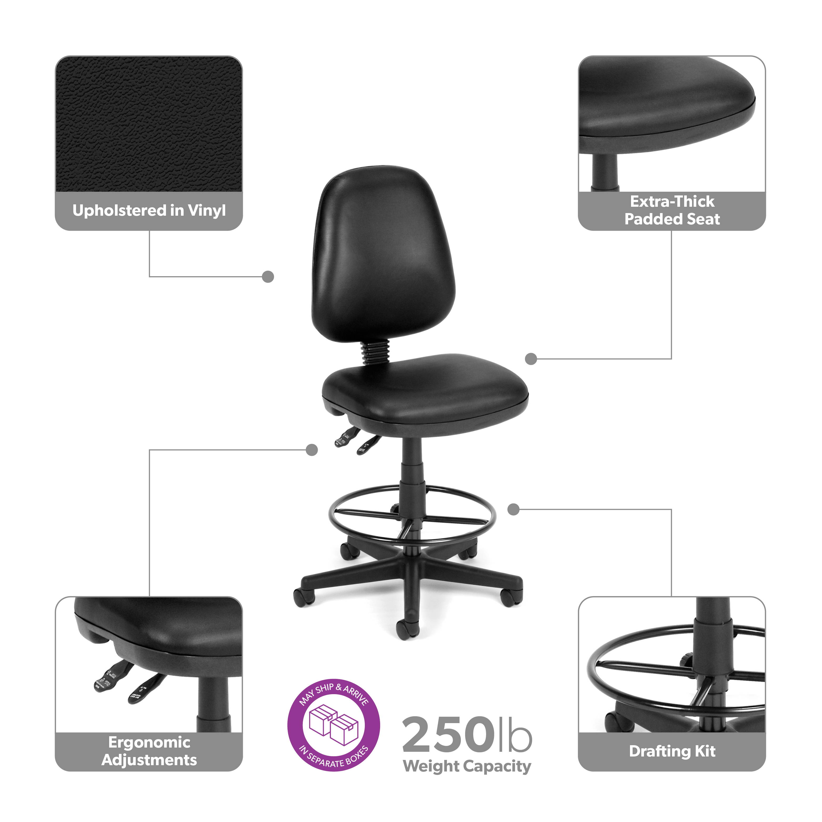 OFM Straton Series Armless Swivel Vinyl Task Chair with Drafting Kit, in Black (119-VAM-DK-606)