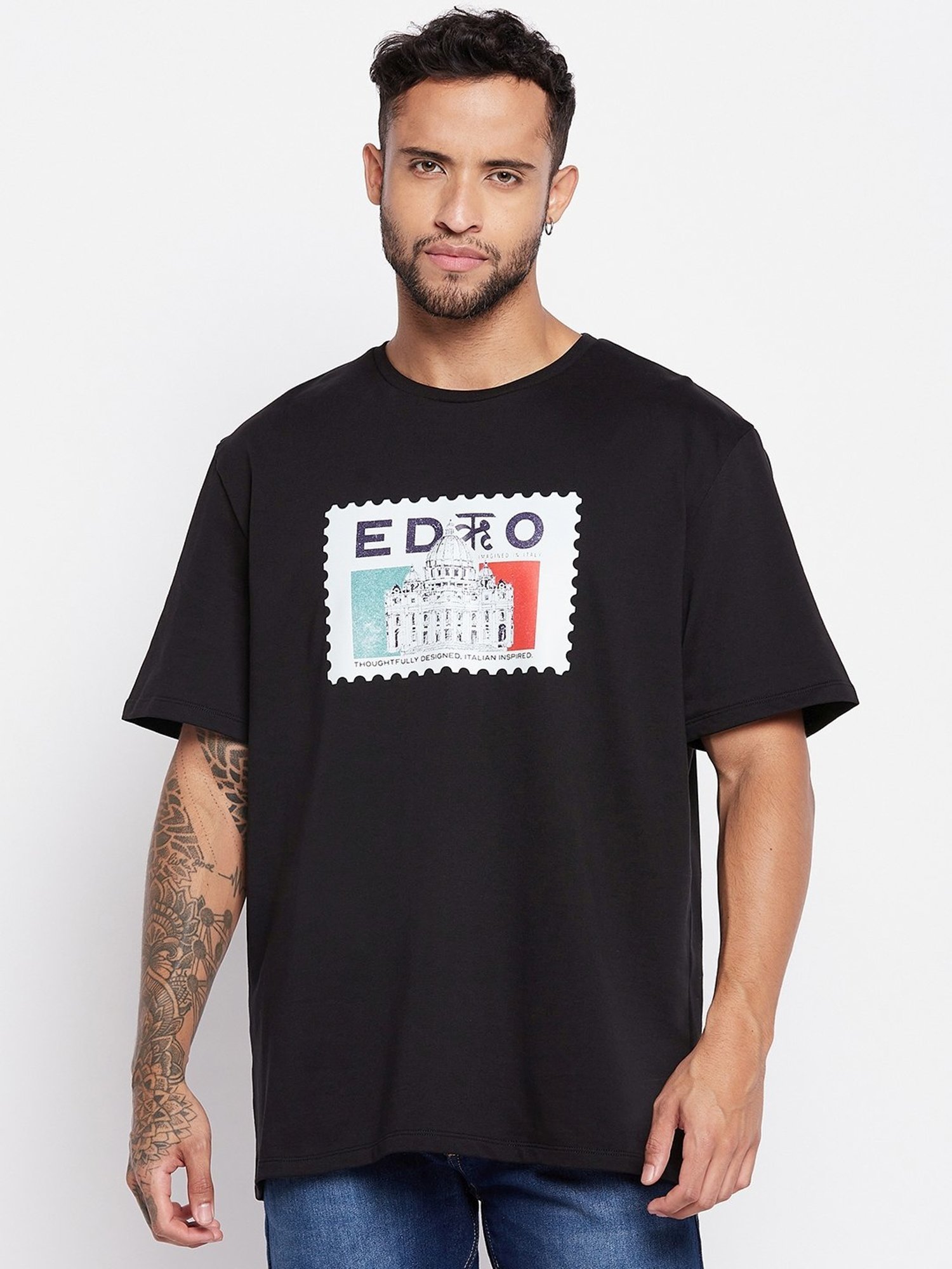 Edrio Black Cotton Relaxed Fit Printed T-Shirt