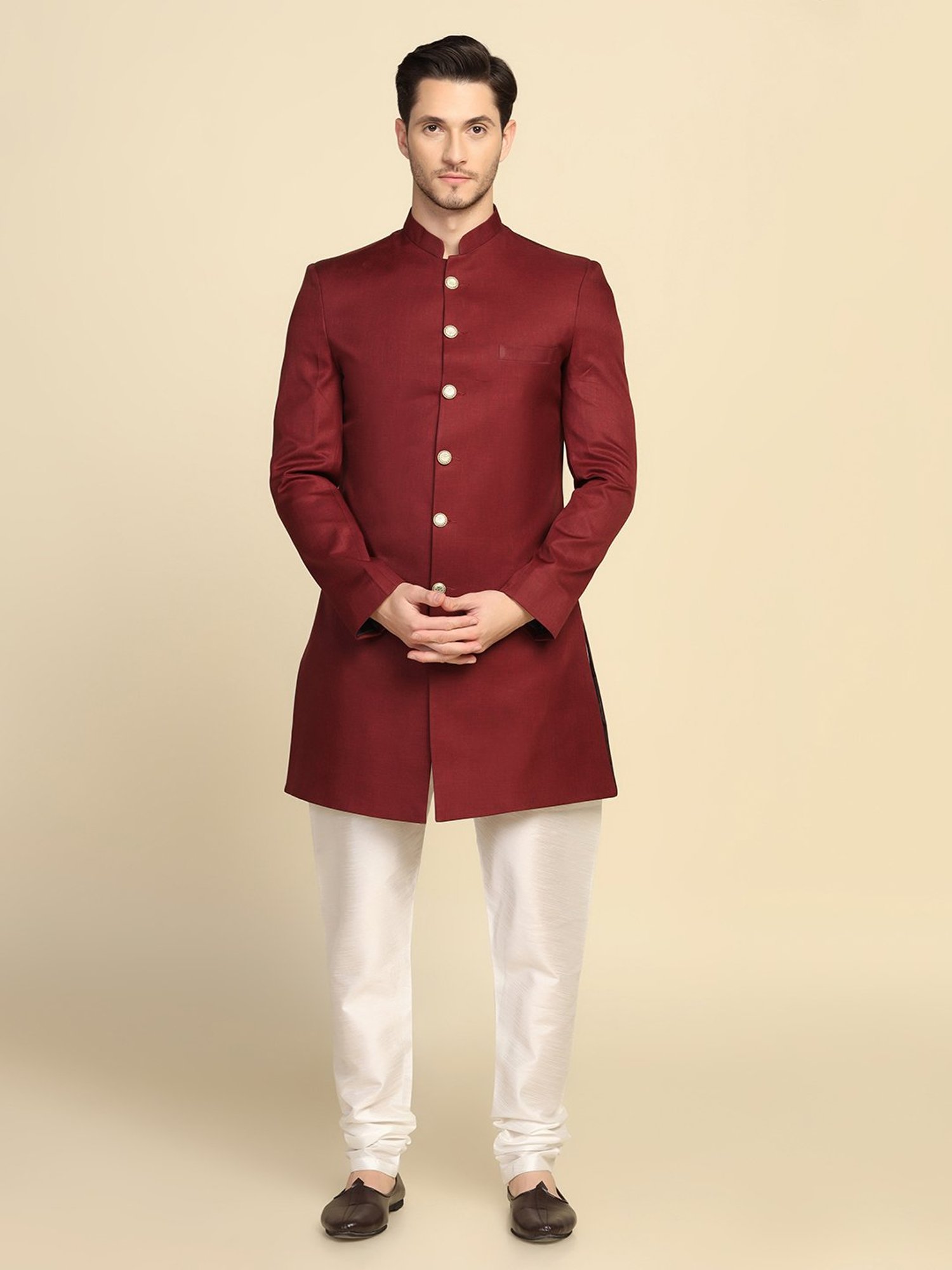 TAHVO Maroon Slim Fit Sherwani Jacket