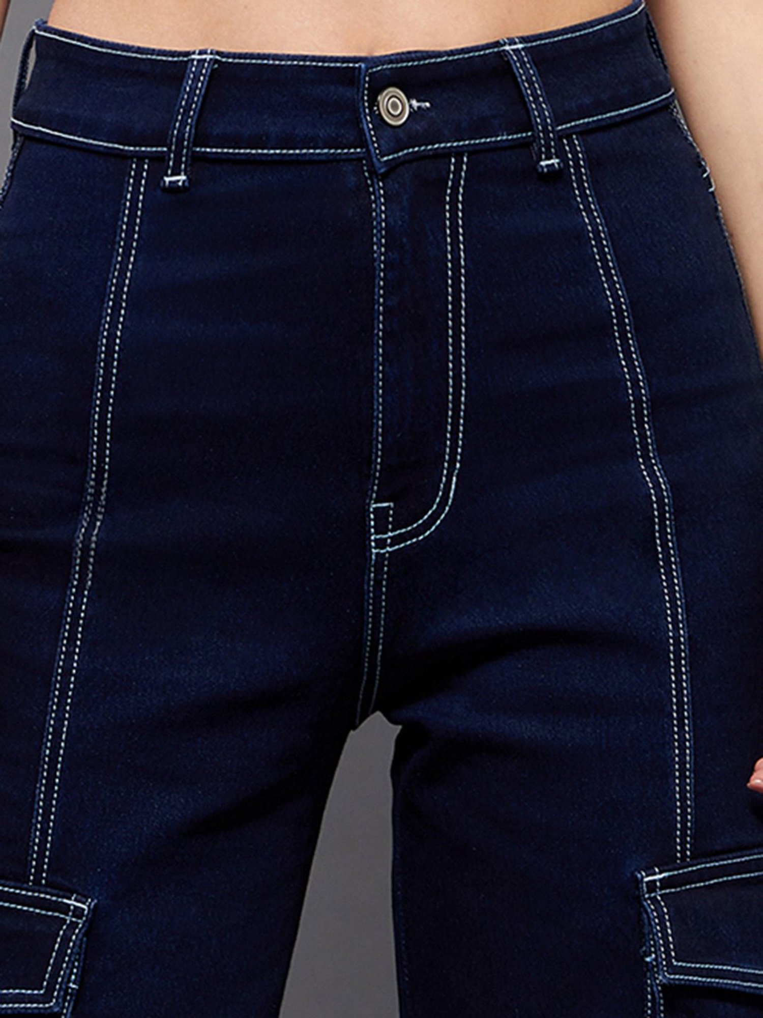 Miss Chase Dark Blue Denim Relaxed Fit High Rise Cargo Jeans