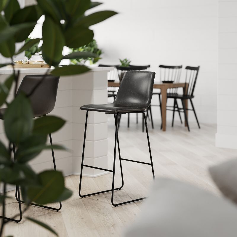 Merrick Lane 30 inch Faux Leather Bar Height Bucket Seat Stools in Dark Gray, Set of 2