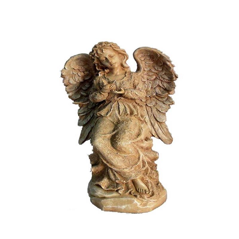 18" Polyresin Sitting Angel Holding a Bird Outdoor Statue Beige - Hi-Line Gift