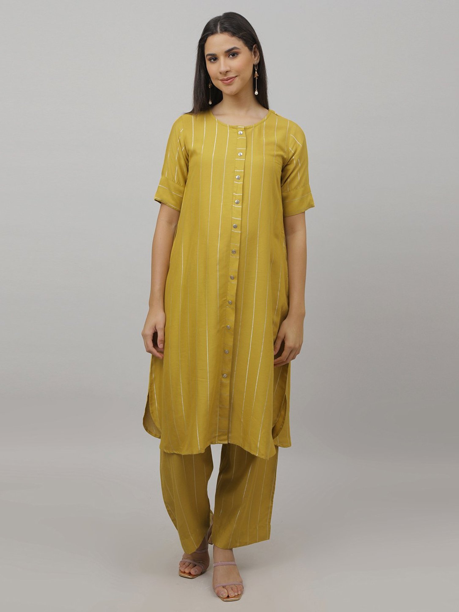 The Mom Store Yellow Striped Maternity & Nursing Kurta Pant Set