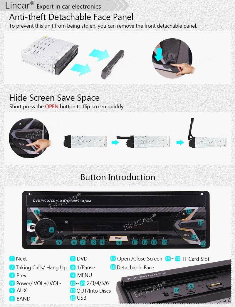 EinCar Single 1Din Android 7.1 Car Stereo Head Unit 7 Inch Capacitive HD Touch Screen Car GPS Navigation DVD Player USB SD Card FM AM AUX Bluetooth Hands-Free WiFi Rearview Camera Colorful Button Re