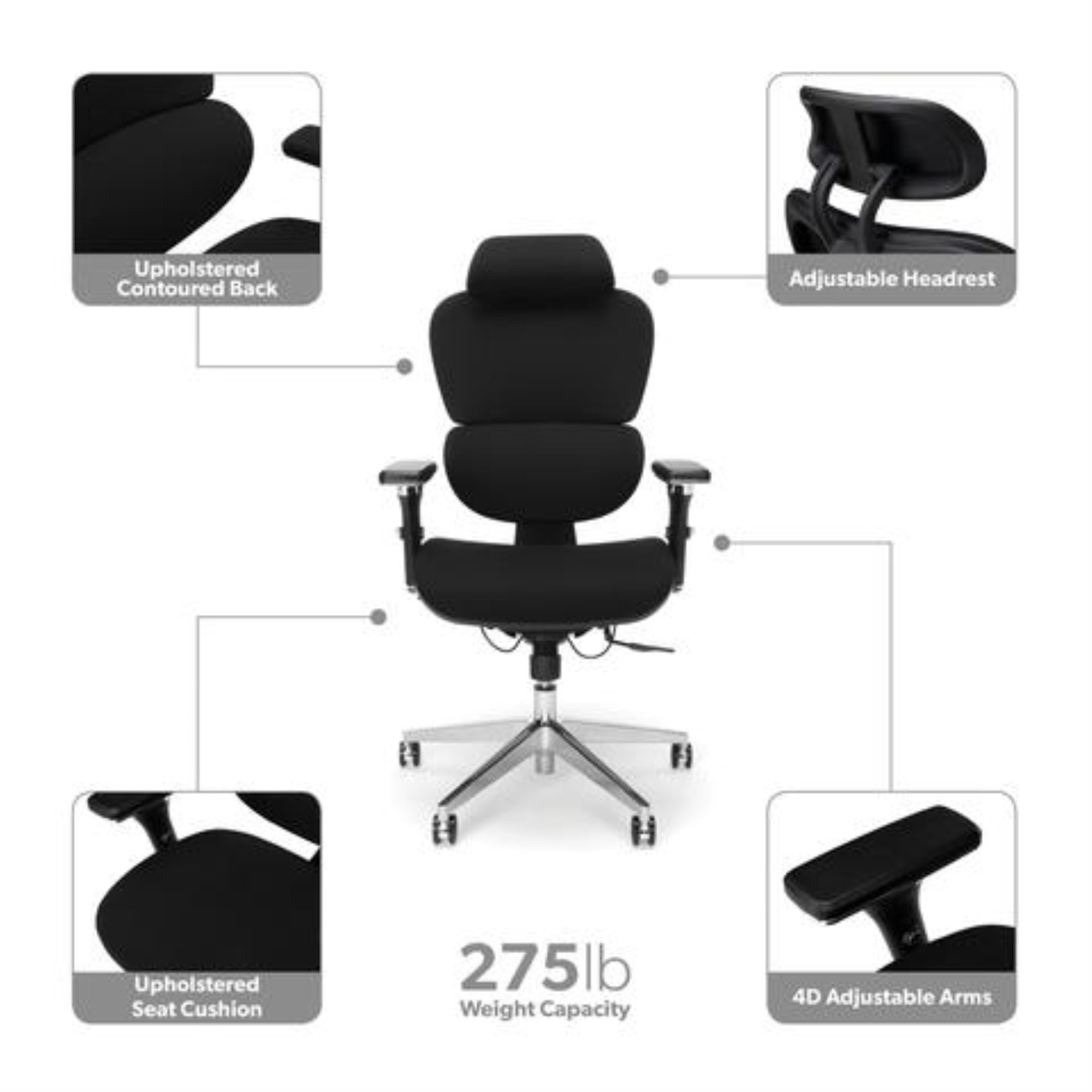 OFM Ergo Fabric Upholstered Office Chair with Optional Headrest, Lumbar Support, in Black (540-F-BLK)