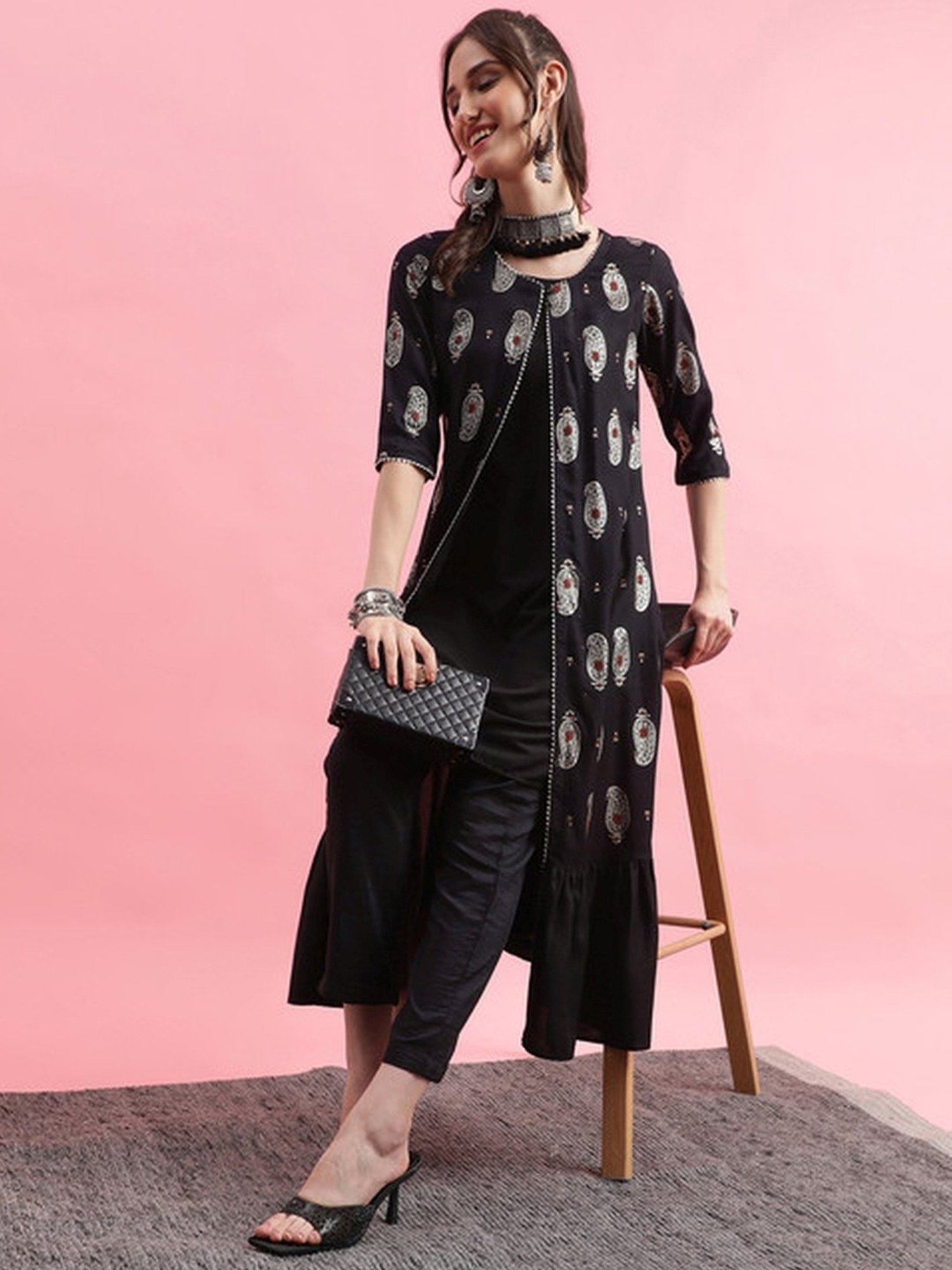 Skylee Black Printed A Line Kurta