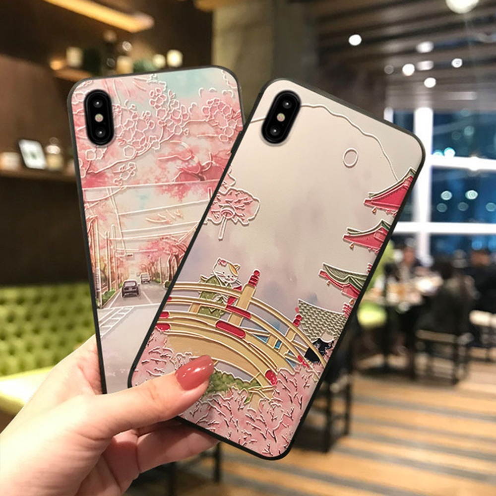 3D Flower and Cat Landscape Painted Embossed TPU Soft Protective Case Cover for iPhone X 6/6s iP 7/8 01/iPhone X