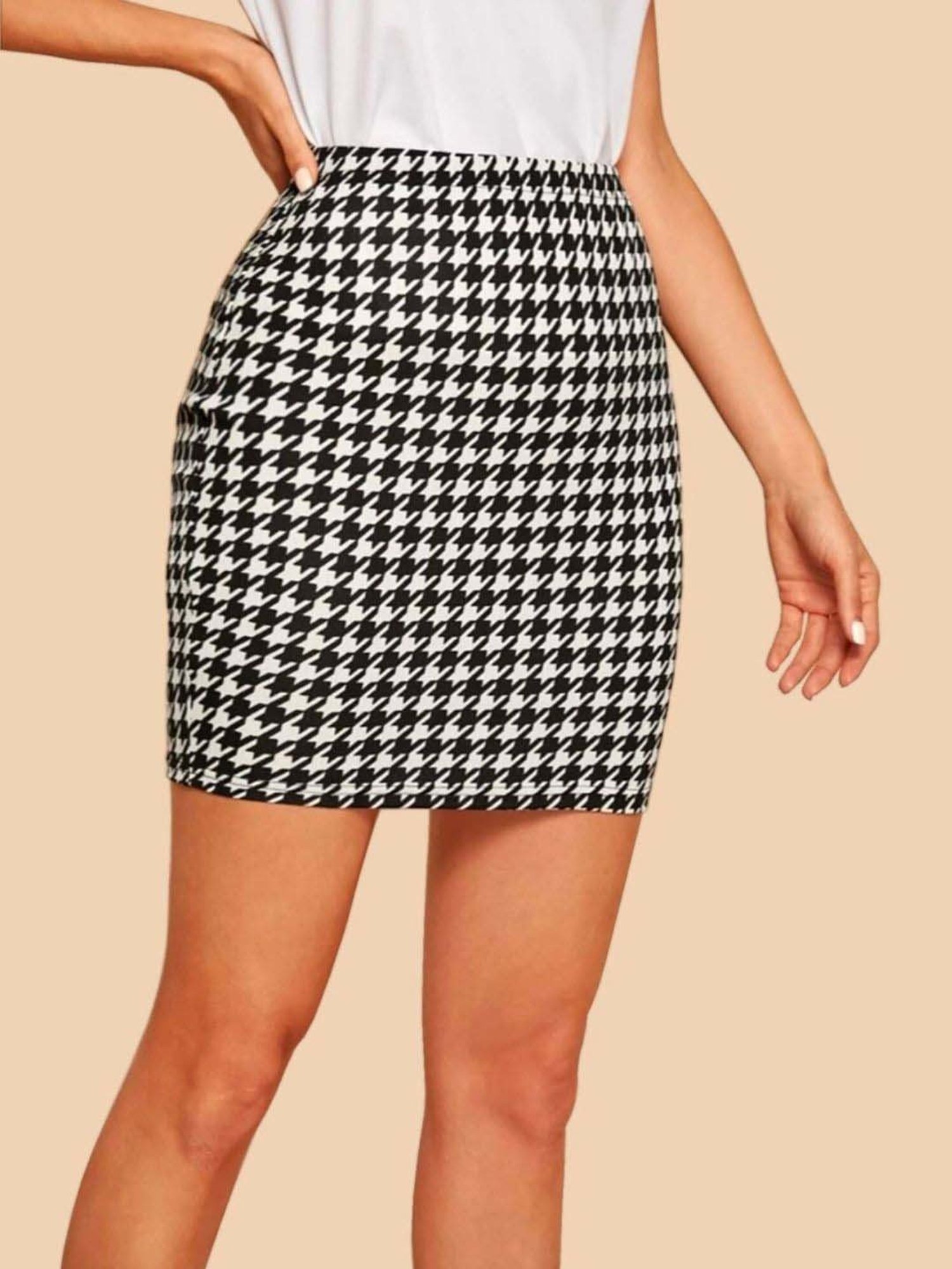 BUYNEWTREND Black & White Houndstooth Print Pencil Skirt