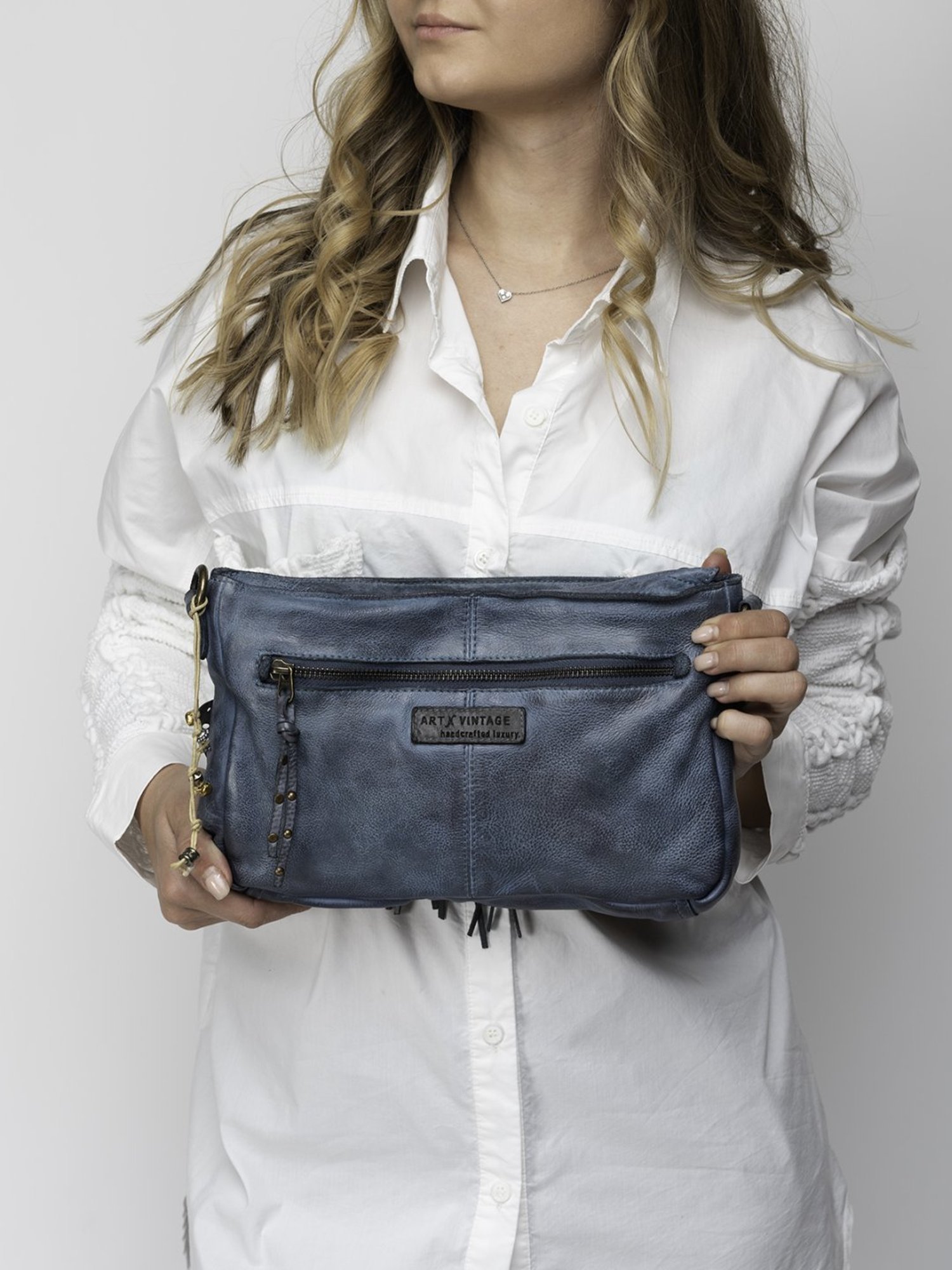 Art N Vintage Fresia Blue Leather Floral Small Sling Handbag