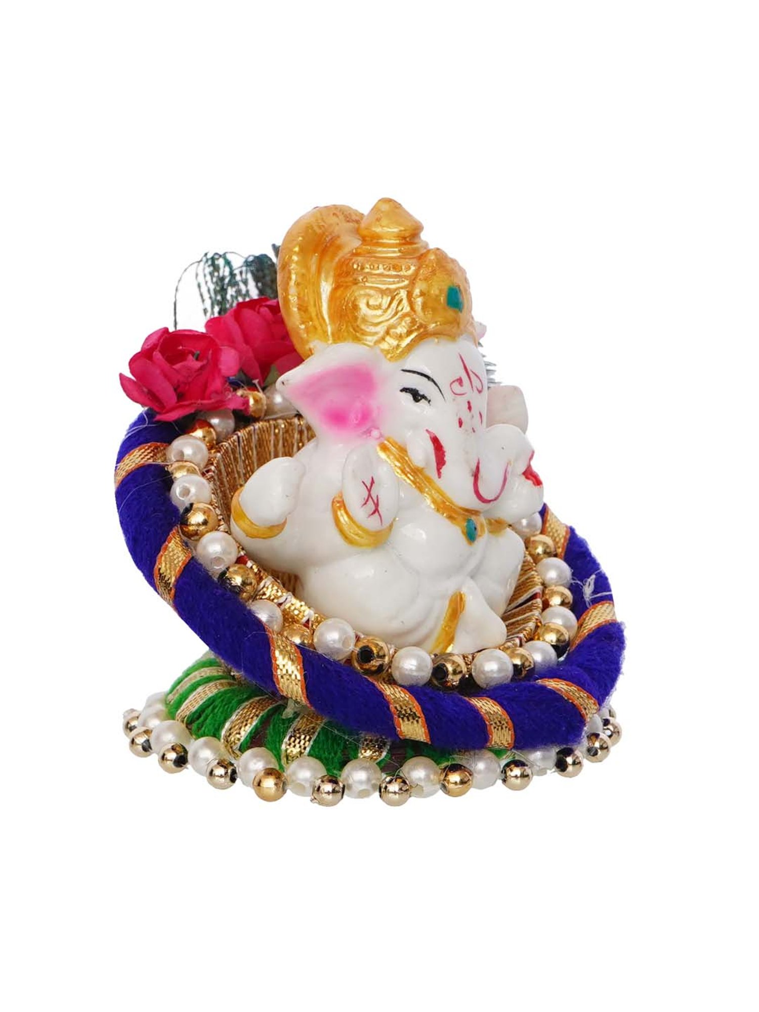eCraftIndia Lord Ganesha Idol on Decorative Handcrafted Floral Plate for Home and Car