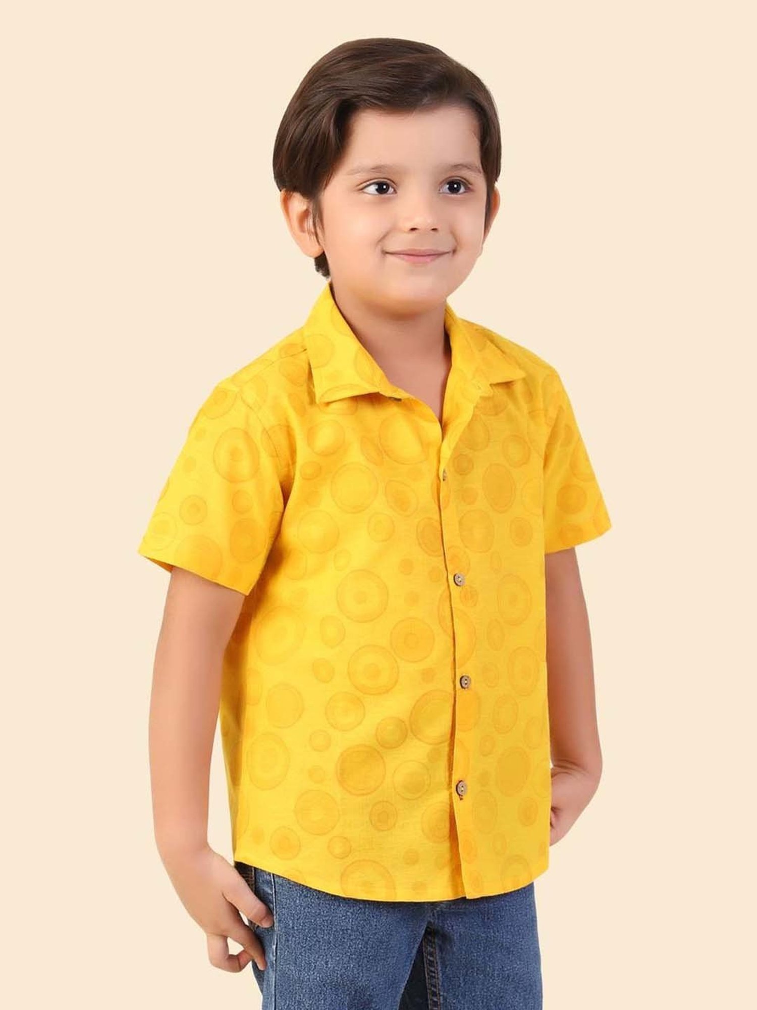 Fabindia Kids Yellow Cotton Printed Shirt