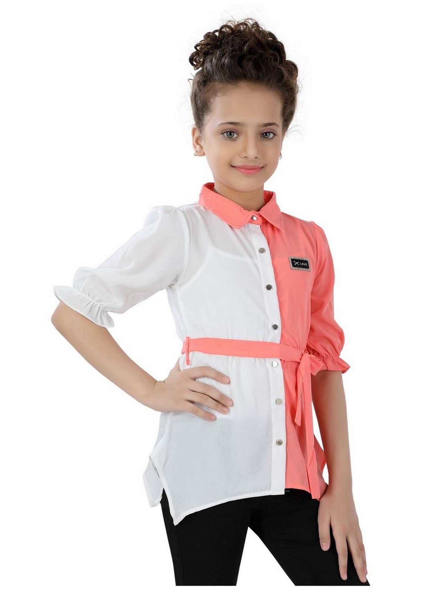 poplins Kids Pink & White Cotton Color Block Top