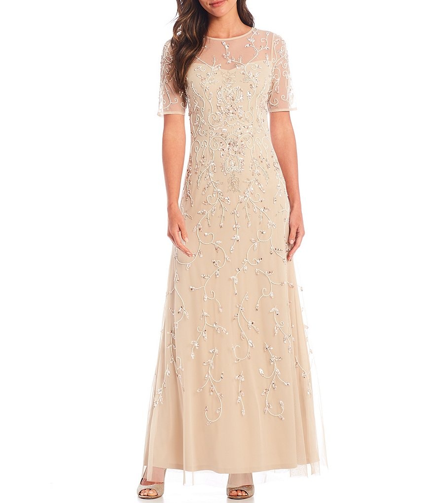 Adrianna Papell Beaded Illusion Jewel Neck Elbow Sleeve Gown