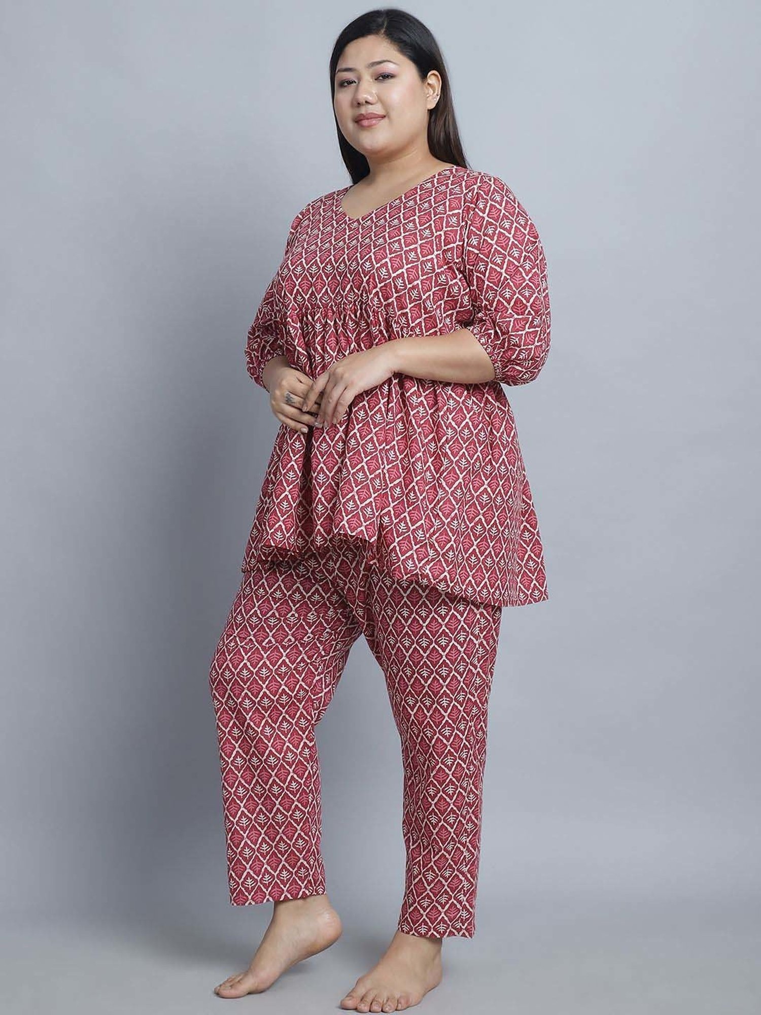 TAG 7 Maroon Cotton Printed Top Pyjamas Set