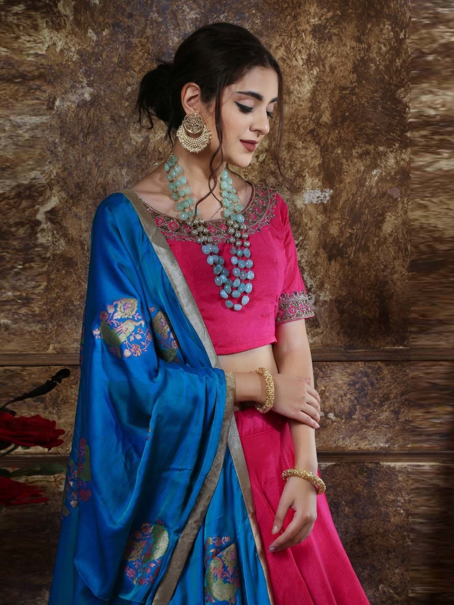 SHUBHKALA Pink & Blue Lehenga Choli Set With Dupatta