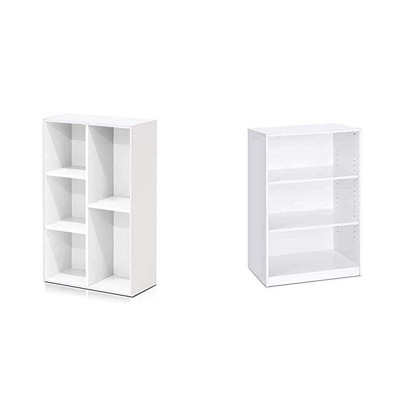 5-Cube Open Shelf, White & Jaya Simple Home 3-Tier Adjustable Shelf Bookcase, White