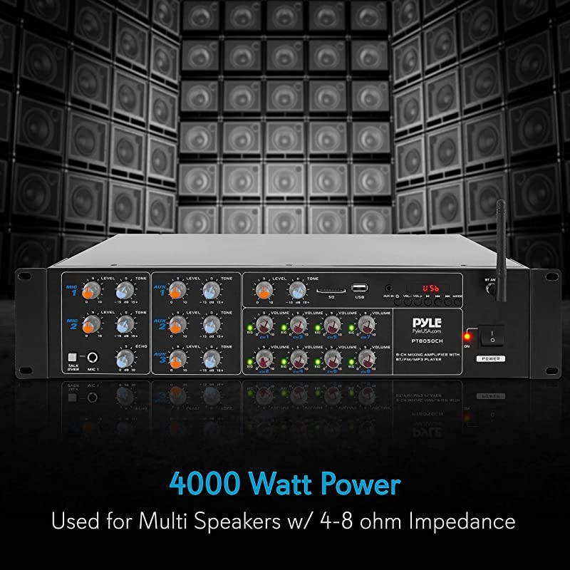 8-Channel Wireless Bluetooth Power Amplifier - 4000W Rack Mount Multi Zone Sound Mixer Audio Home Stereo Receiver Box System w/ RCA, USB, AUX - For Speaker, PA, Theater, Studio/Stage -  PT8050CH