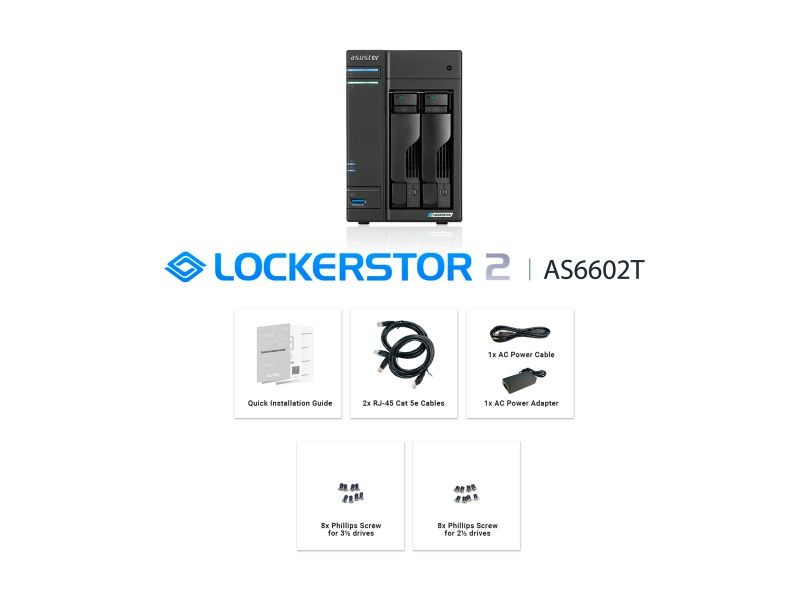 Asustor AS6602T 2-Bay NAS Intel Celeron J4125 Quad-Core 4GB DDR4 SODIMM M.2 Slots Network Attached Storage