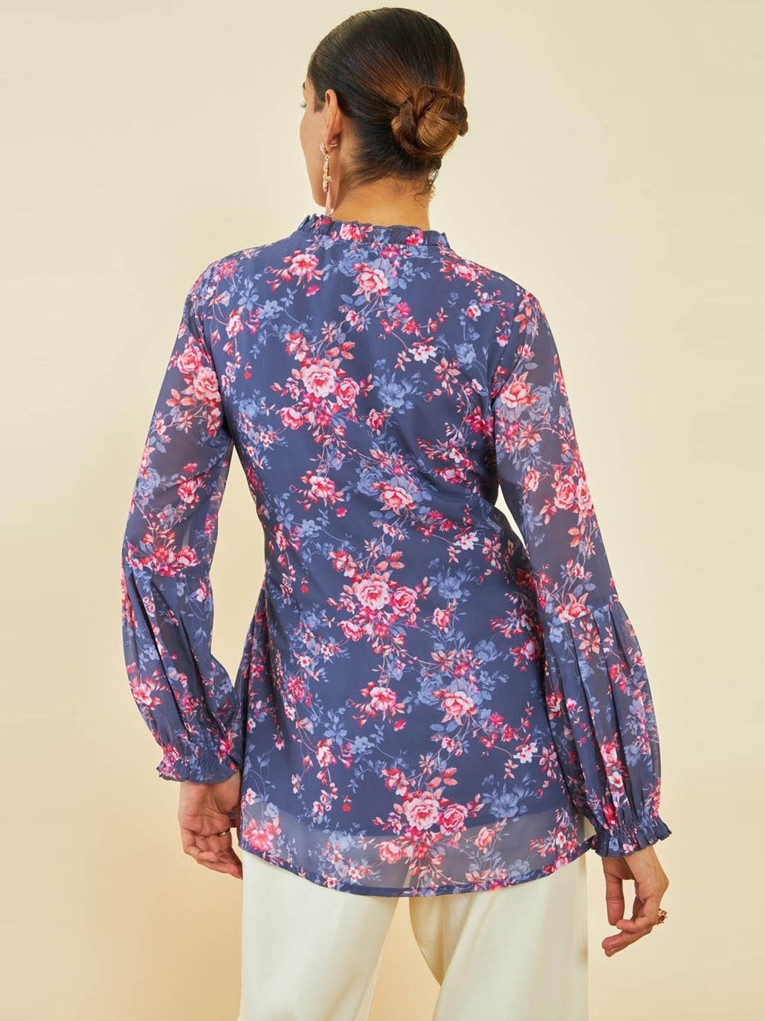 Soch Purple Georgette Floral Print Tunic with Puff Sleeves
