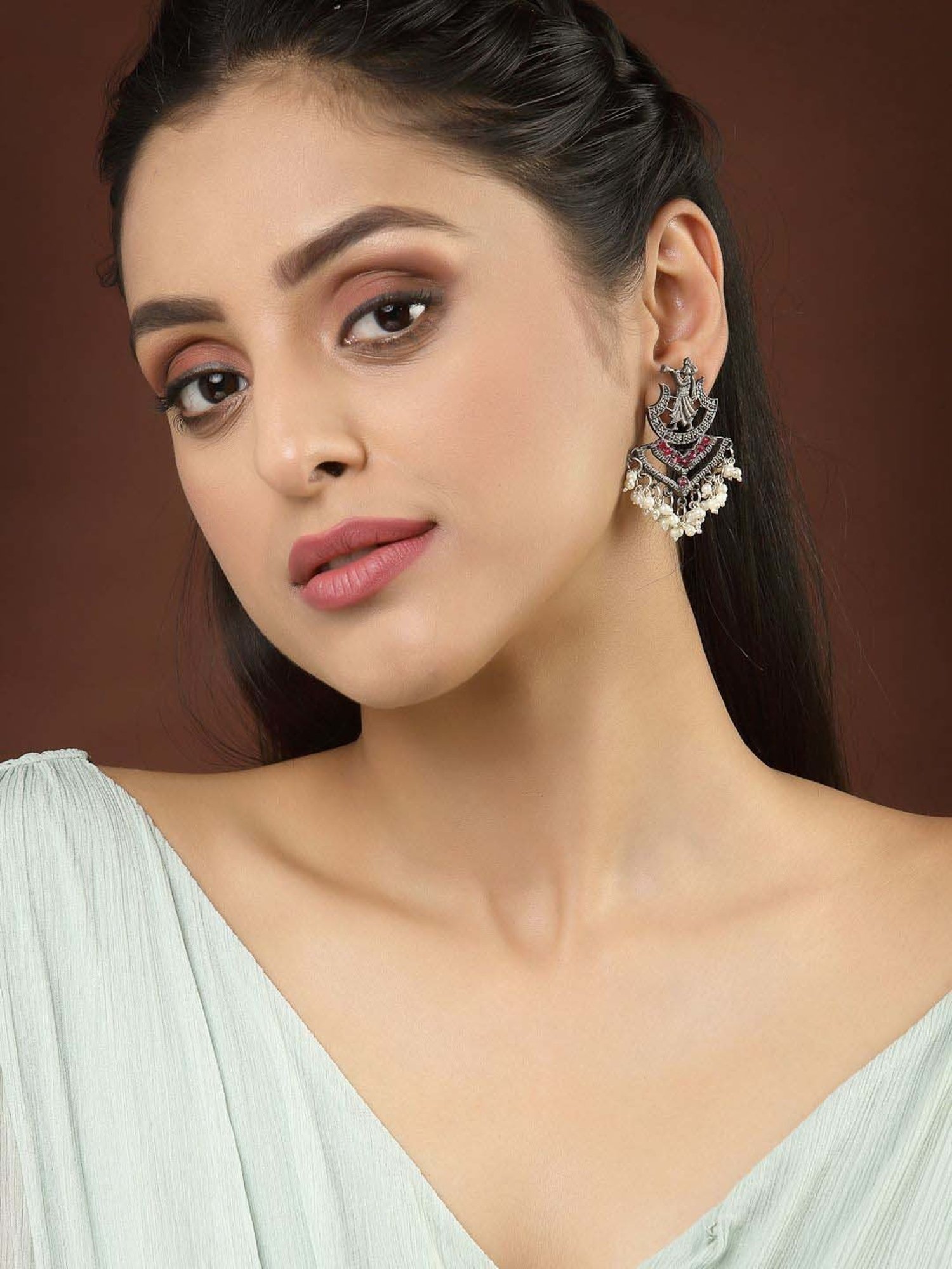 Panash Oxidized Silver-Toned Contemporary Pearl Stud Earrings