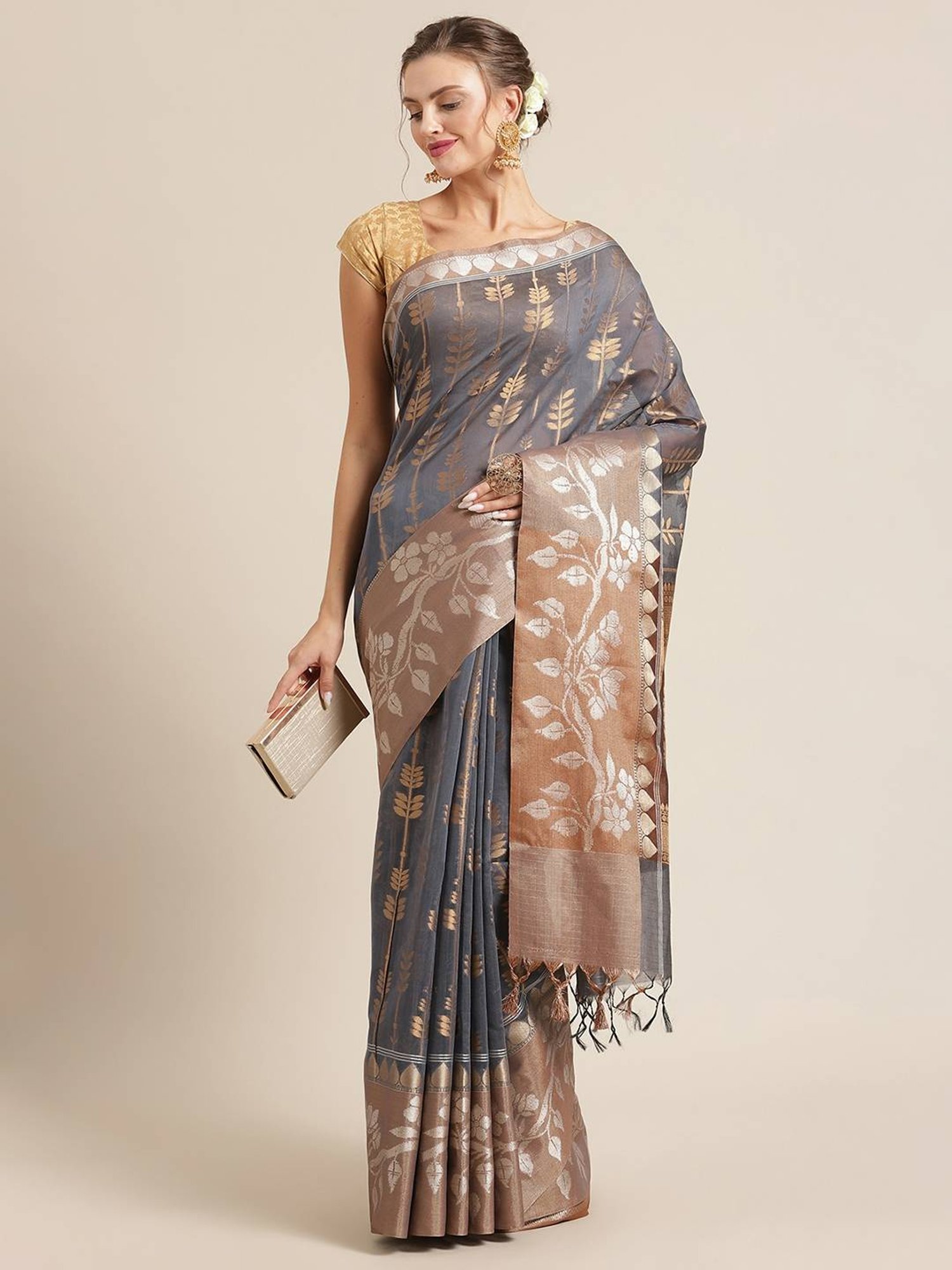 Banarasi Silk Works Grey Woven Saree with Blouse