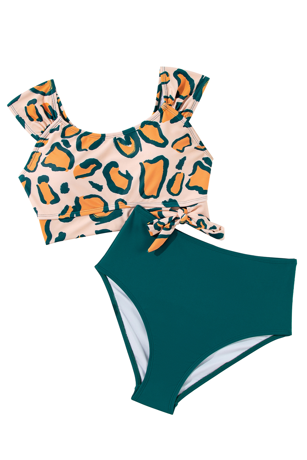 Green Leopard Print U Neck Knotted High Waist Bikini Set