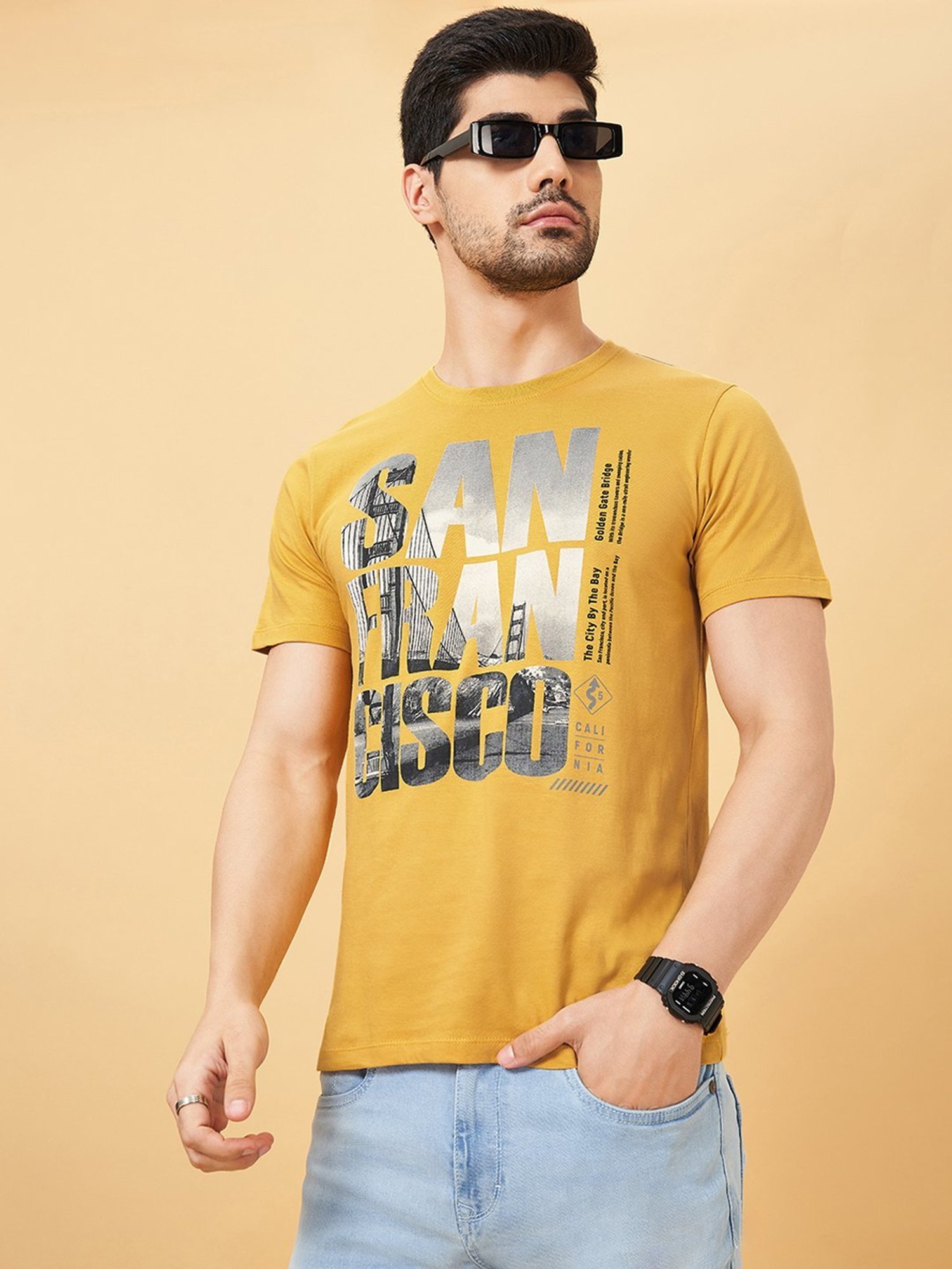 Sf Jeans By Pantaloons Yellow Slim Fit Printed T-Shirt