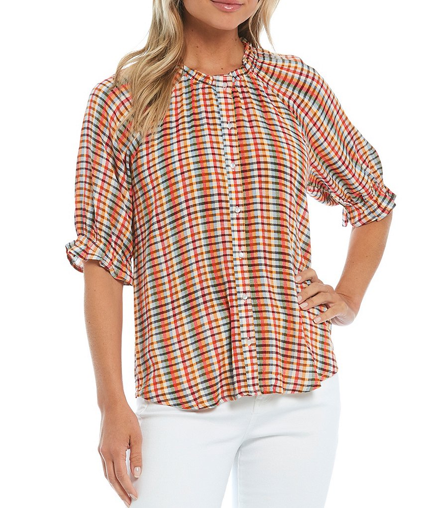 Bobeau Gingham Print Ruffle Trim Neck Short Sleeve Button Down Top