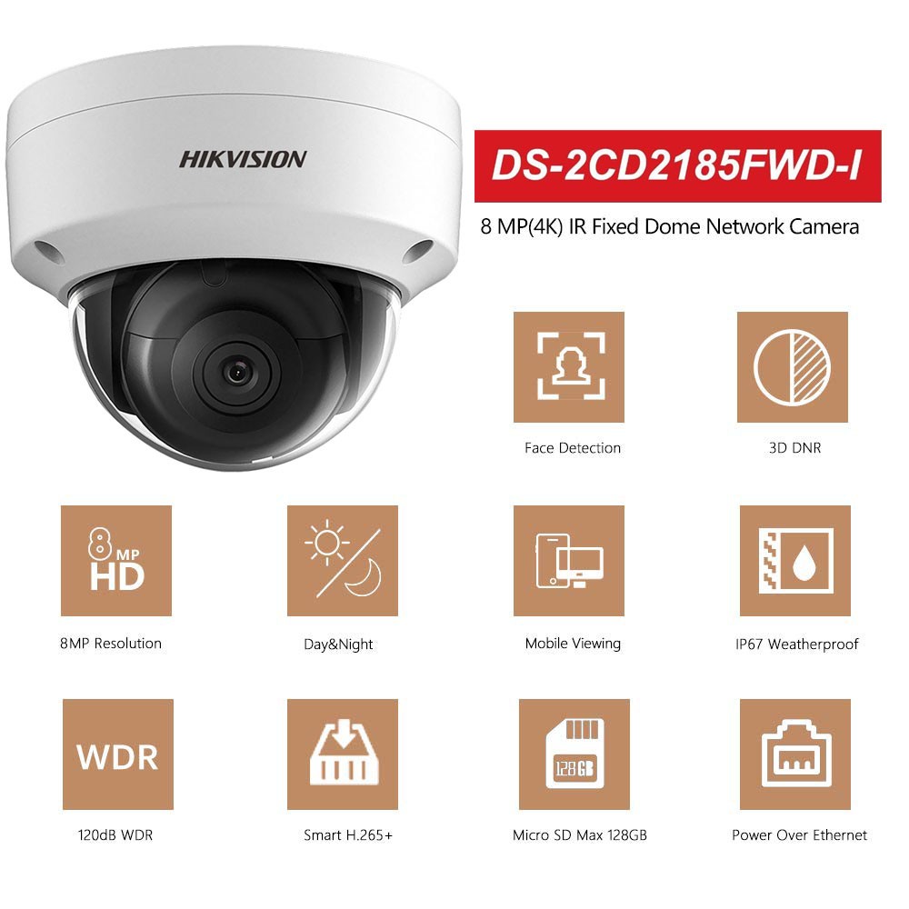 Hikvision English version DS-2CD2185FWD-I 8MP Network mini dome security CCTV Camera POE SD card 30m IR H.265+ IP camera IK10 IP67, (8MP, 4.0mm fixed lens, 1 Pcs)