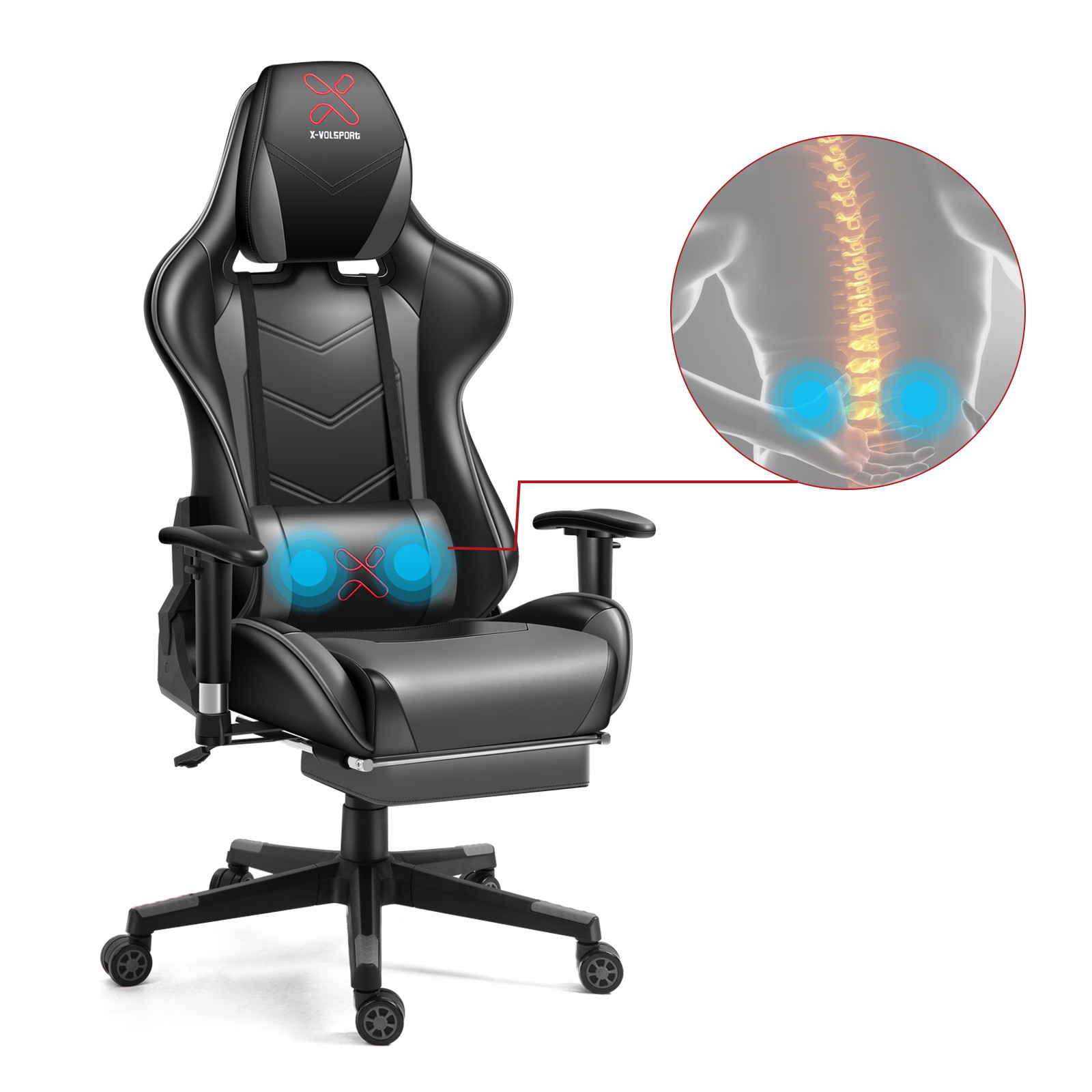 X-VOLSPORT Gaming Chair Office High Back Chair with Footrest, Racing Style PU Leather Ergonomic Computer Video Game Chair with Headrest and Lumbar Massage
