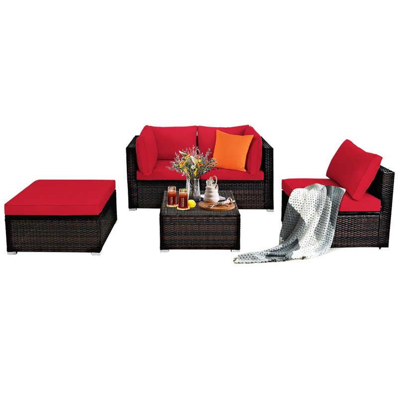 Costway 5PCS Patio Rattan Furniture Set Sectional Conversation Set Ottoman Table Red