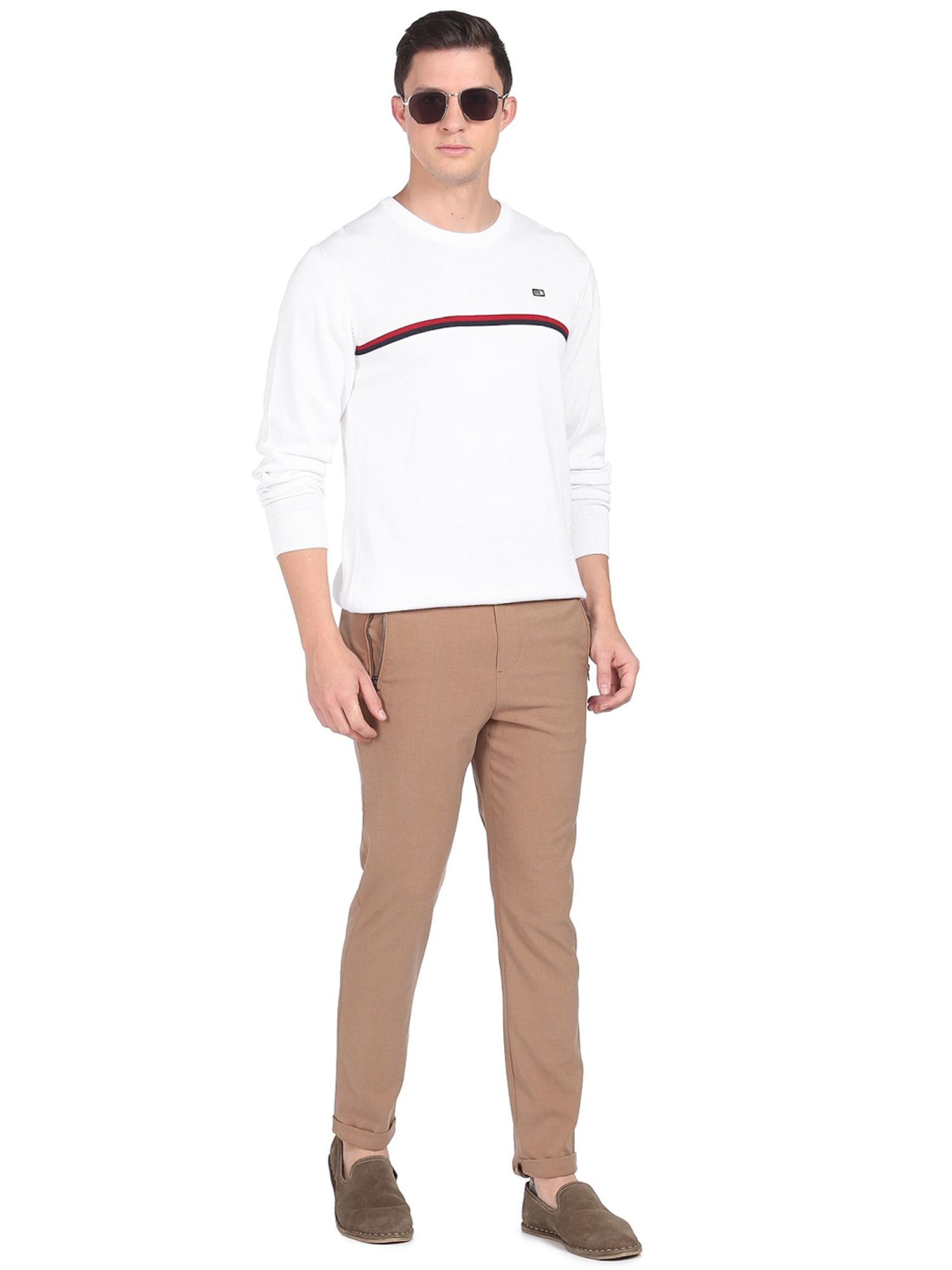Arrow Sport White Cotton Regular Fit Striped Sweaters