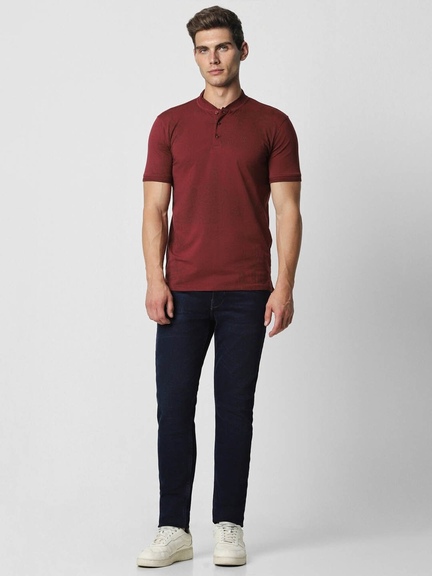 V Dot Maroon Cotton Slim Fit Printed Henley T-Shirt
