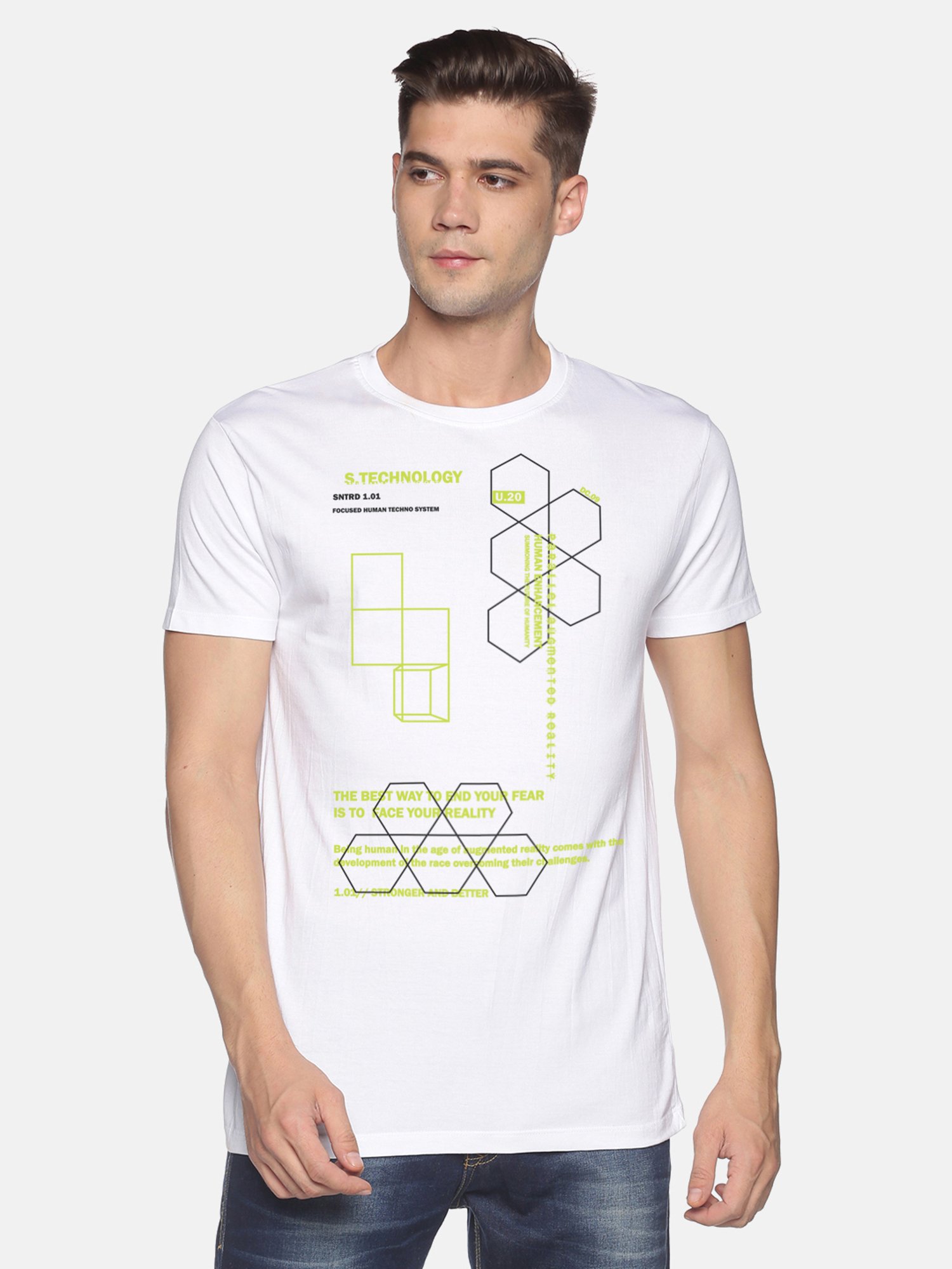 BLACK RADIO White Slim Fit Printed Cotton Crew T-Shirt