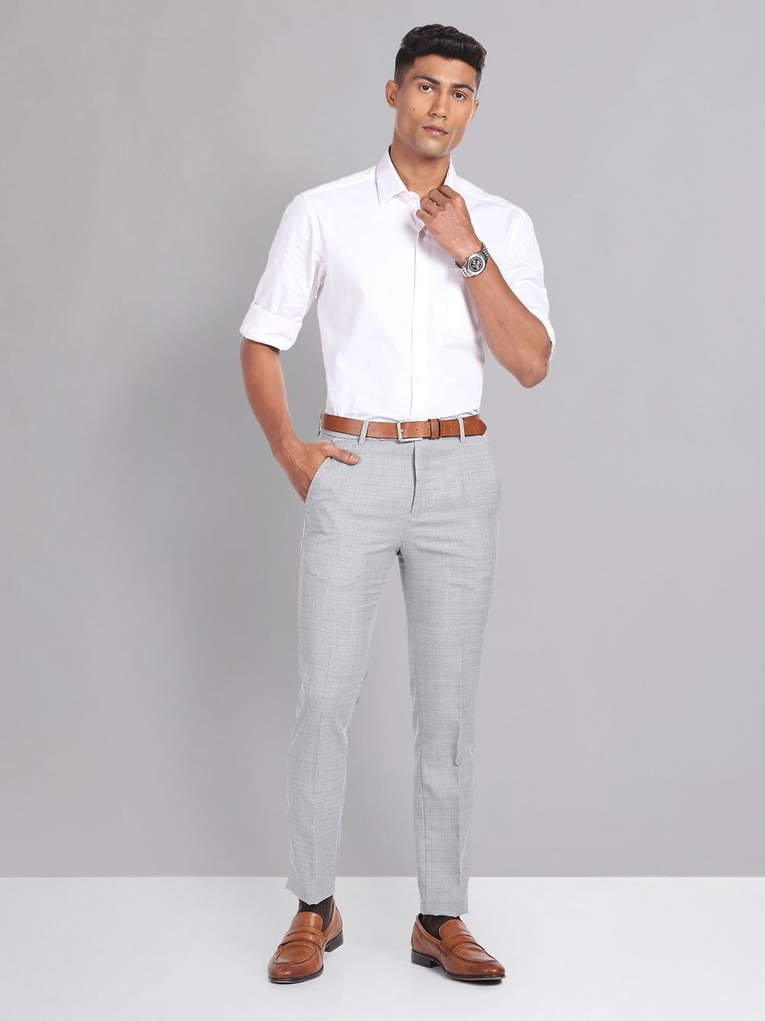 AD by Arvind Grey Melange Slim Fit Check Flat Front Trousers
