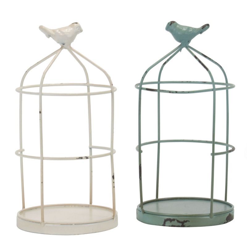 Set of 2 Rustic White and Mint Metal Wire Cage and Bird Pillar Candle Holders - Foreside Home & Garden