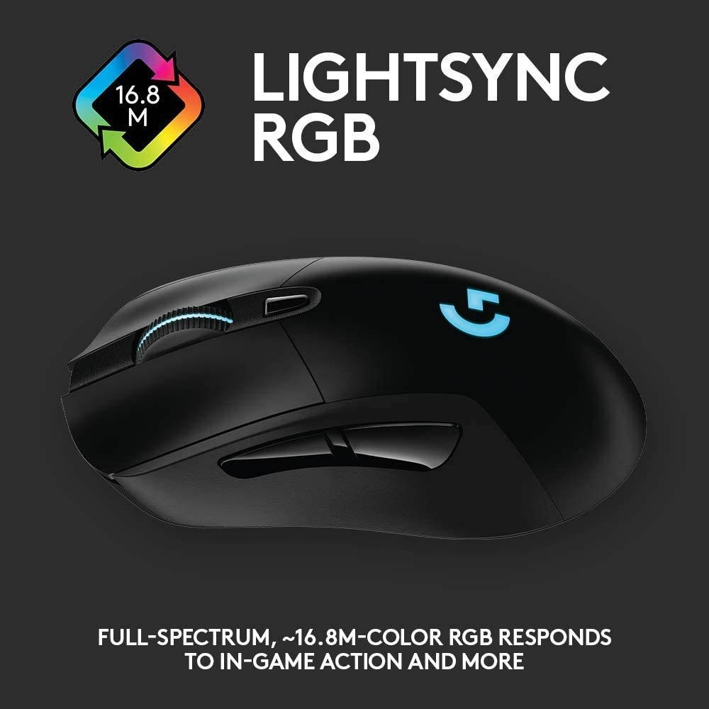 Logitech G703 Lightspeed Wireless Gaming Mouse W/Hero 25K Sensor PowerPlay Compatible Lightsync RGB Lightweight 95G+10G Optional 100-25 600 DPI Rubber Side Grips - Black